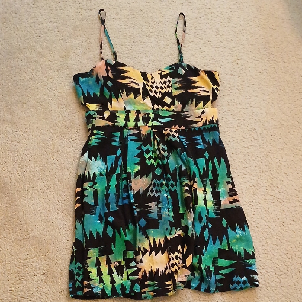 Geometric Multicolor Spaghetti Strap Sun Dress Women's Medium